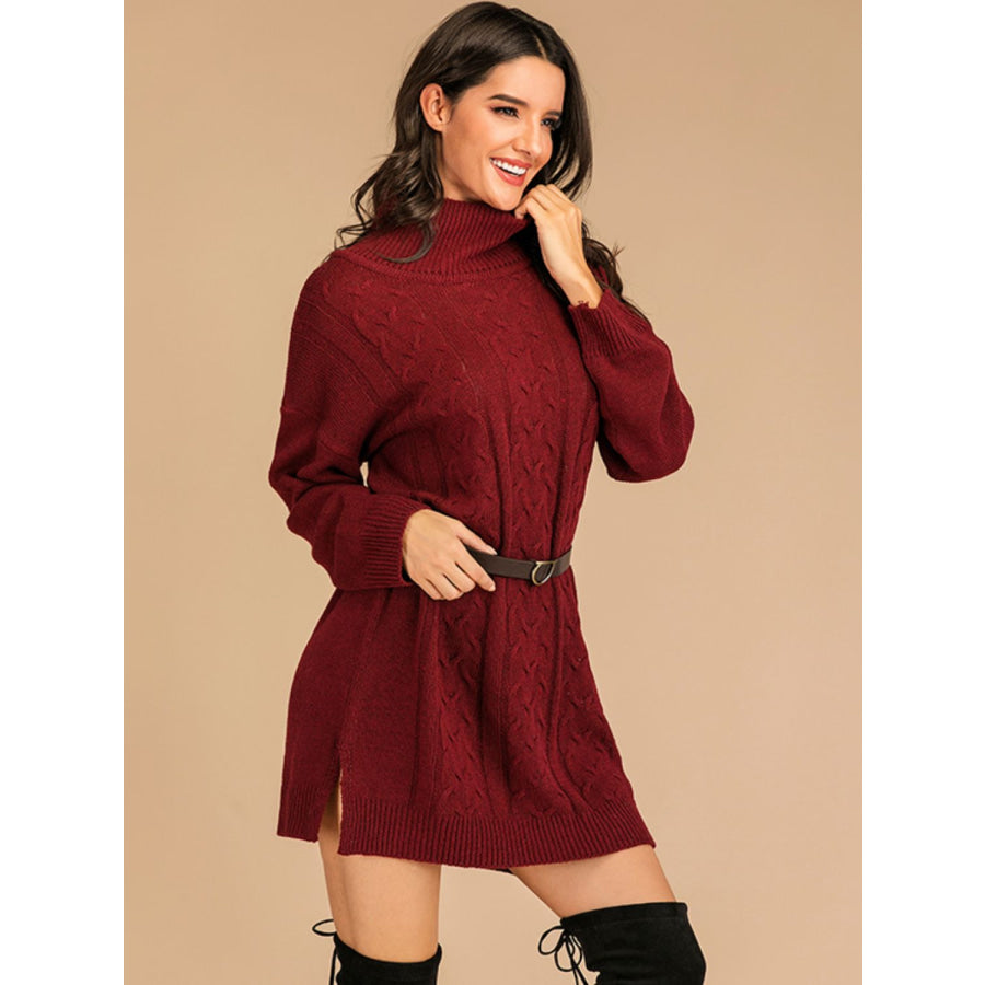 Perfee Slit Turtleneck Long Sleeve Mini Sweater Dress Apparel and Accessories