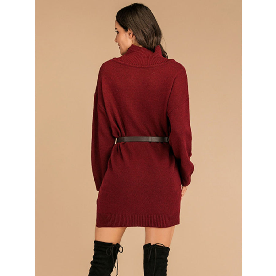 Perfee Slit Turtleneck Long Sleeve Mini Sweater Dress Apparel and Accessories