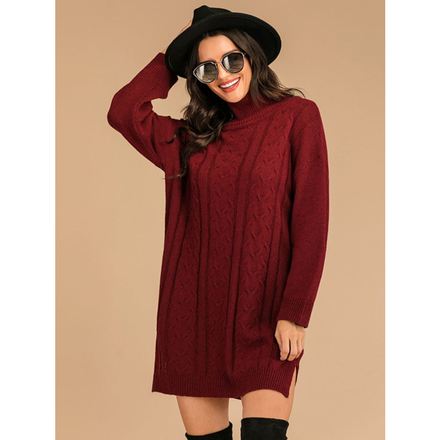 Perfee Slit Turtleneck Long Sleeve Mini Sweater Dress Apparel and Accessories