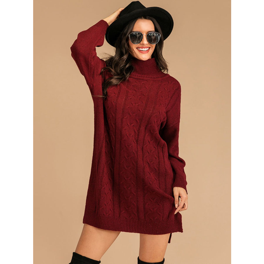 Perfee Slit Turtleneck Long Sleeve Mini Sweater Dress Apparel and Accessories