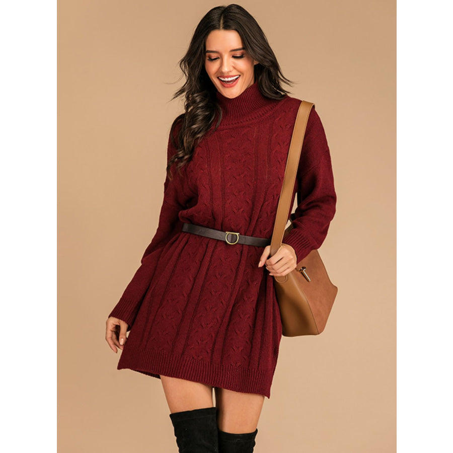 Perfee Slit Turtleneck Long Sleeve Mini Sweater Dress Apparel and Accessories