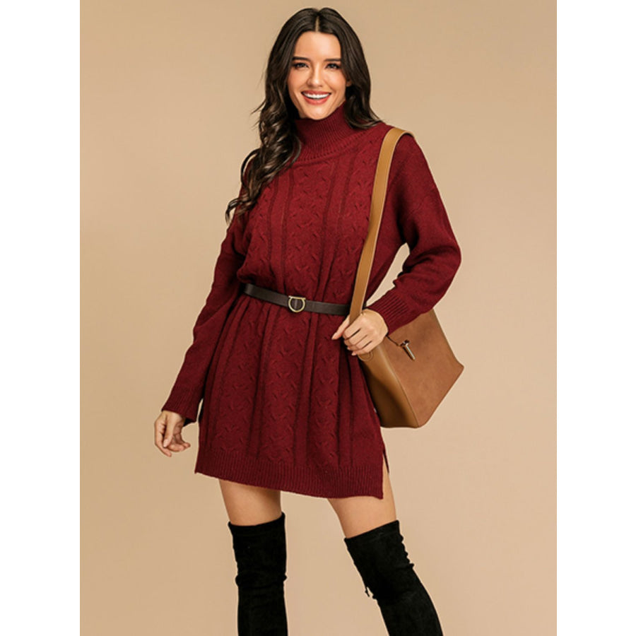 Perfee Slit Turtleneck Long Sleeve Mini Sweater Dress Burgundy / M Apparel and Accessories