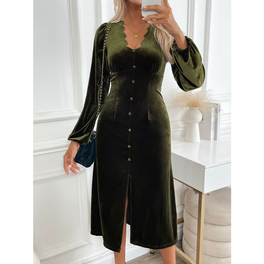 Perfee Slit V-Neck Long Sleeve Midi Dress Apparel and Accessories