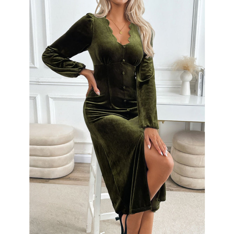 Perfee Slit V-Neck Long Sleeve Midi Dress Apparel and Accessories