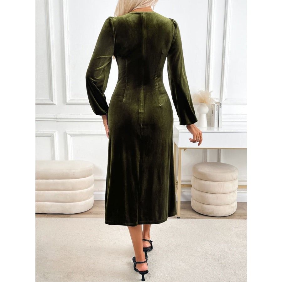 Perfee Slit V-Neck Long Sleeve Midi Dress Apparel and Accessories