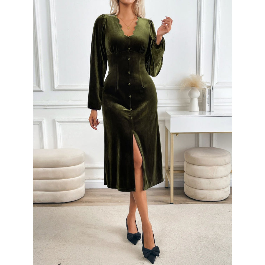 Perfee Slit V-Neck Long Sleeve Midi Dress Apparel and Accessories