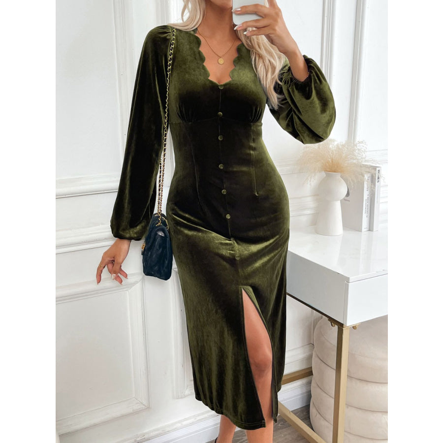 Perfee Slit V-Neck Long Sleeve Midi Dress Black Forest / S Apparel and Accessories