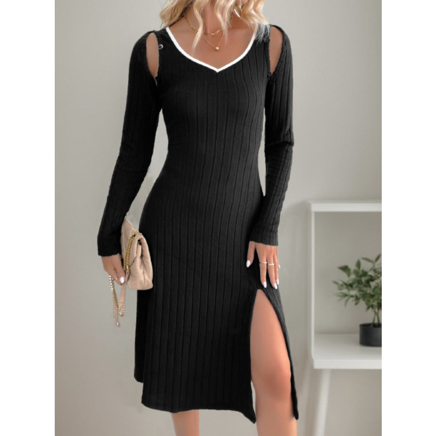 Perfee Slit Wide Strap Dress and Detachable Long Sleeves Set Black / S Apparel and Accessories