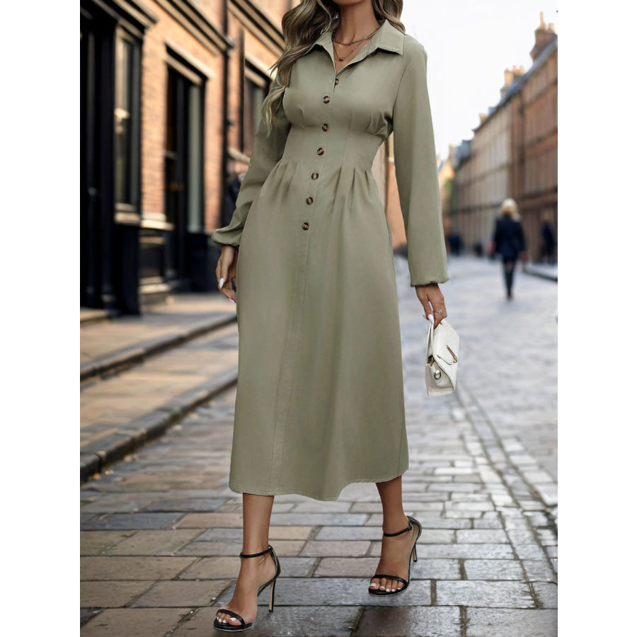 Perfee Smocked Half Button Long Sleeve Dress Apparel and Accessories