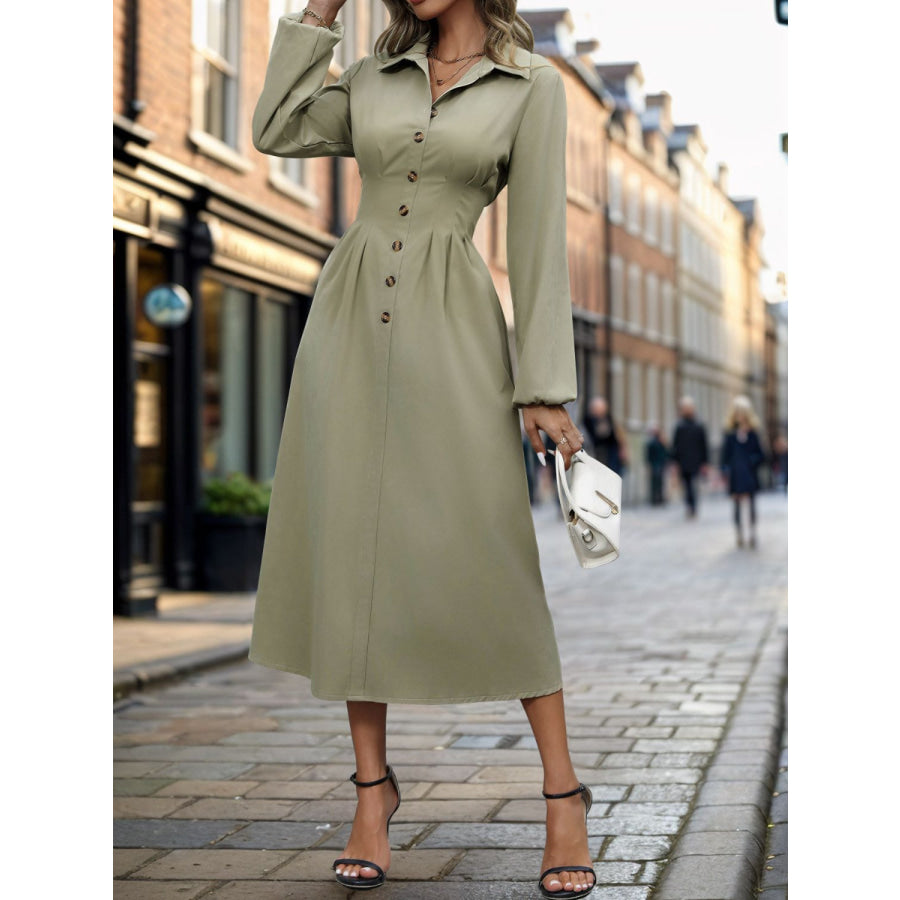 Perfee Smocked Half Button Long Sleeve Dress Sage / S Apparel and Accessories