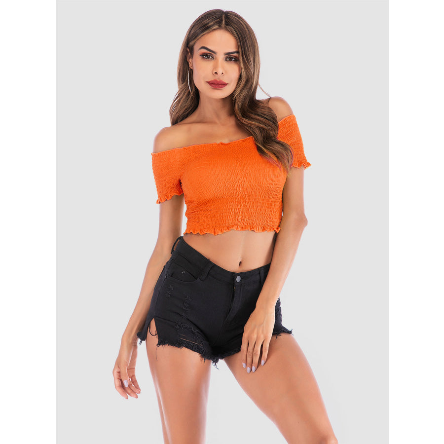 Perfee Smocked Off-Shoulder Short Sleeve Top Orange / S Apparel and Accessories