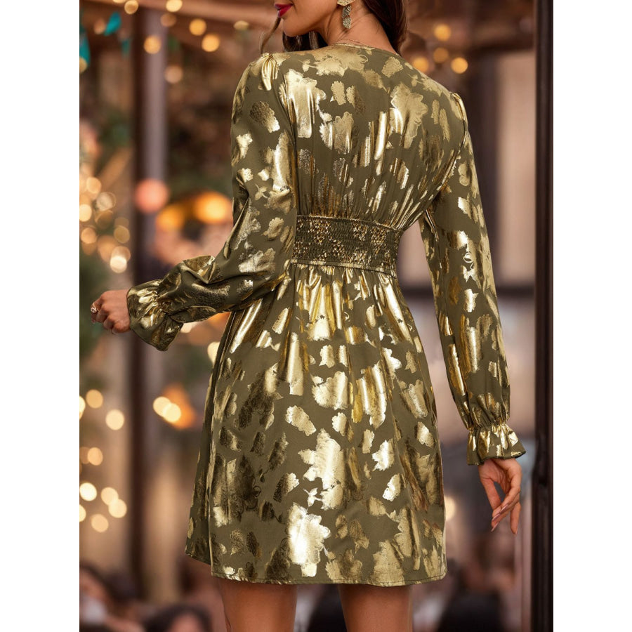 Perfee Smocked Plunge Long Sleeve Mini Dress Olive / M Apparel and Accessories