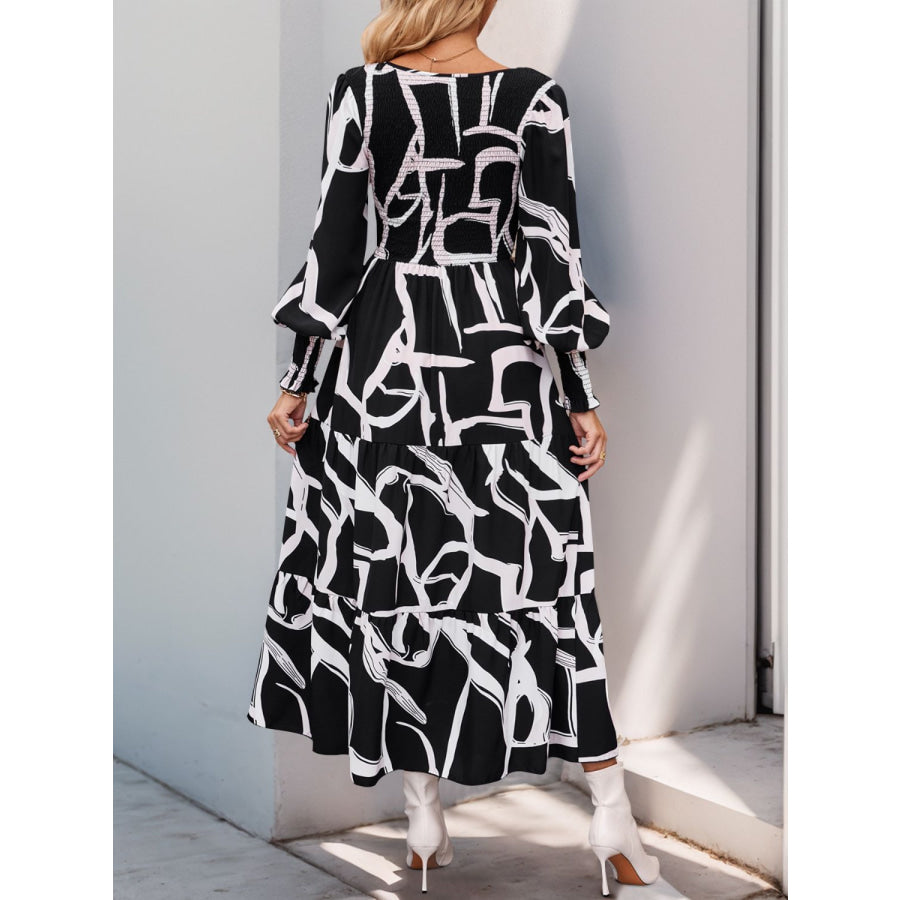 Perfee Smocked Printed Long Sleeve Midi Dress Apparel and Accessories