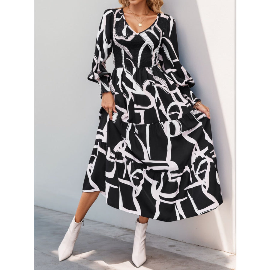 Perfee Smocked Printed Long Sleeve Midi Dress Apparel and Accessories