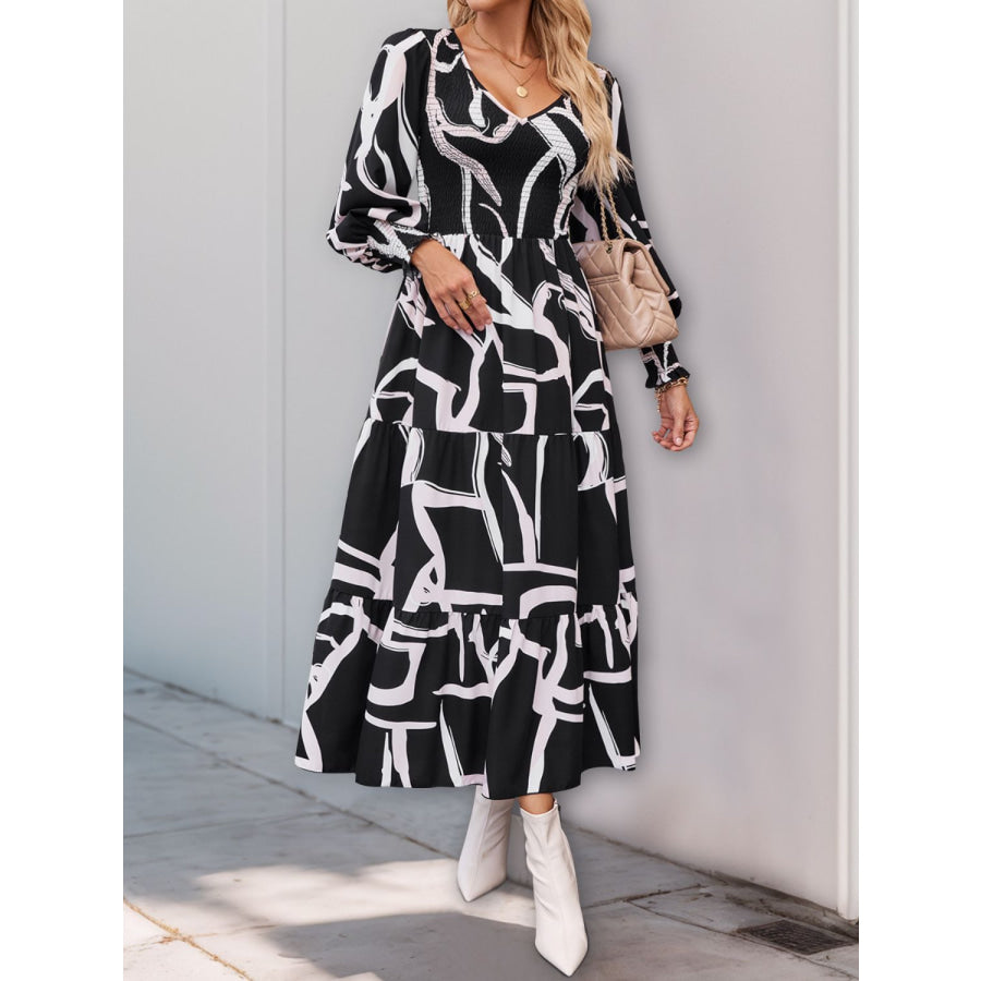 Perfee Smocked Printed Long Sleeve Midi Dress Apparel and Accessories