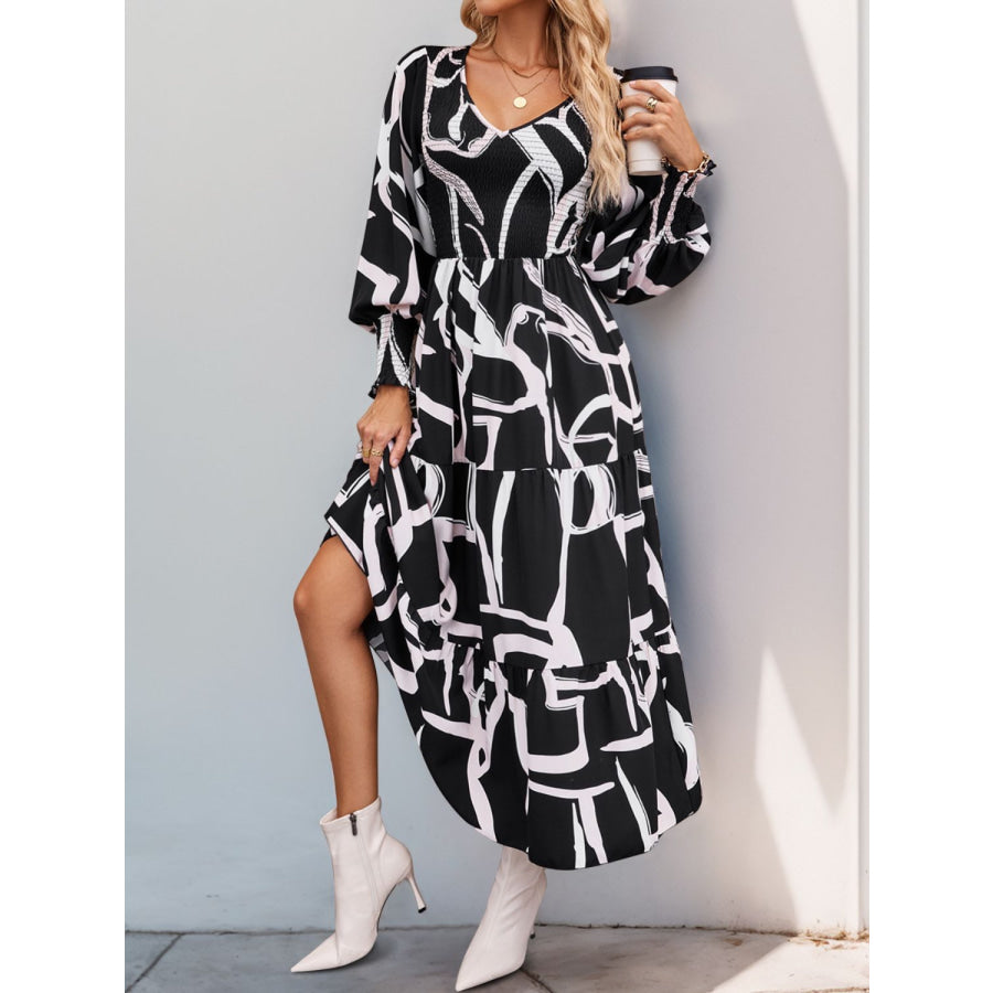 Perfee Smocked Printed Long Sleeve Midi Dress Apparel and Accessories