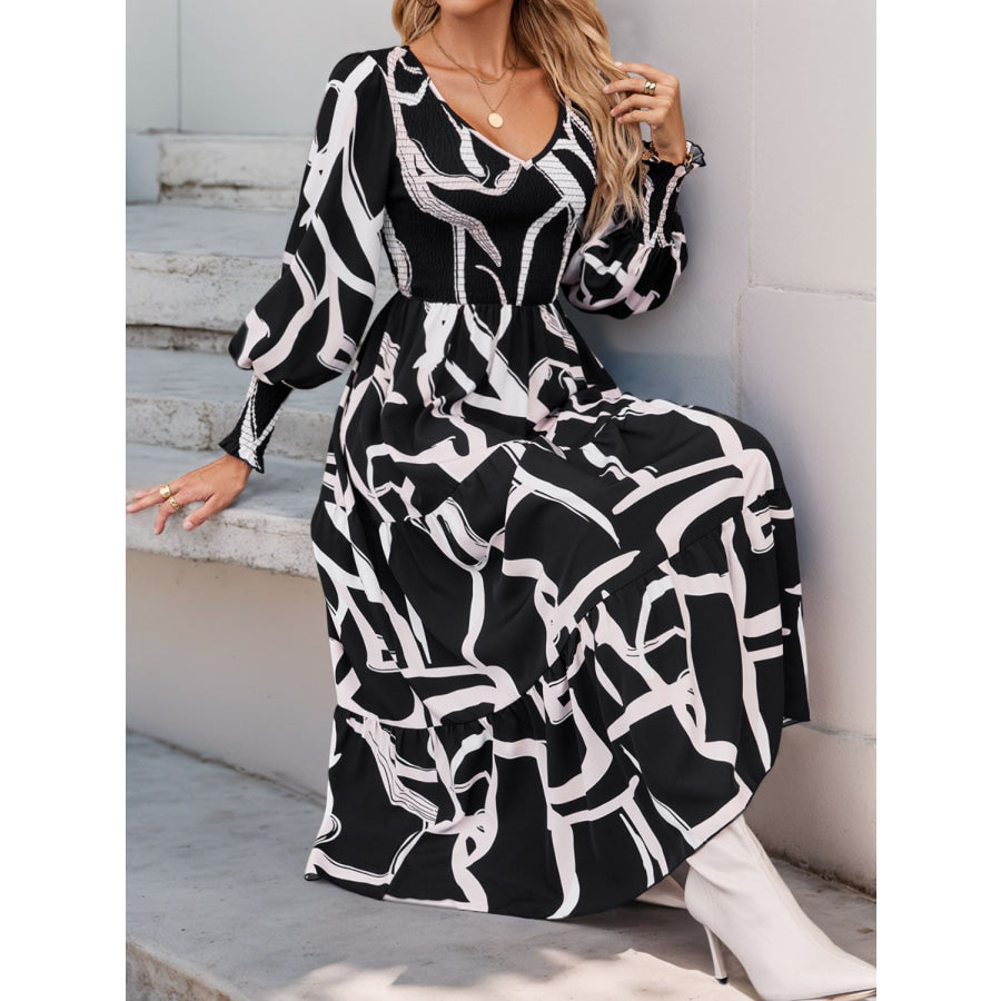 Perfee Smocked Printed Long Sleeve Midi Dress Apparel and Accessories