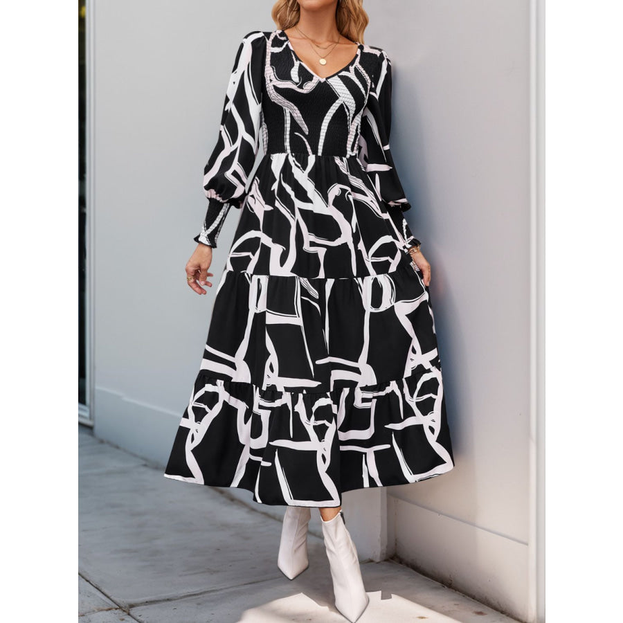 Perfee Smocked Printed Long Sleeve Midi Dress Black / S Apparel and Accessories