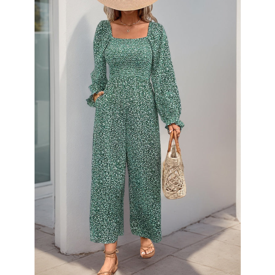 Perfee Smocked Printed Long Sleeve Wide Leg Jumpsuit Apparel and Accessories