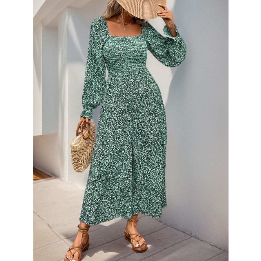 Perfee Smocked Printed Long Sleeve Wide Leg Jumpsuit Apparel and Accessories