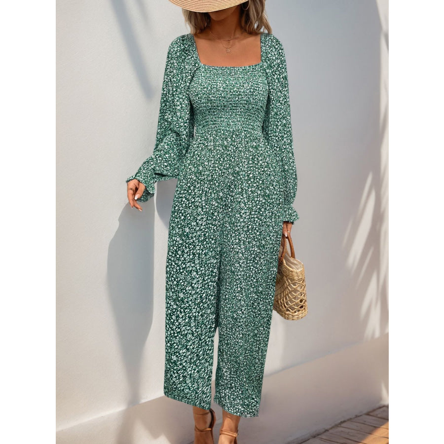 Perfee Smocked Printed Long Sleeve Wide Leg Jumpsuit Apparel and Accessories