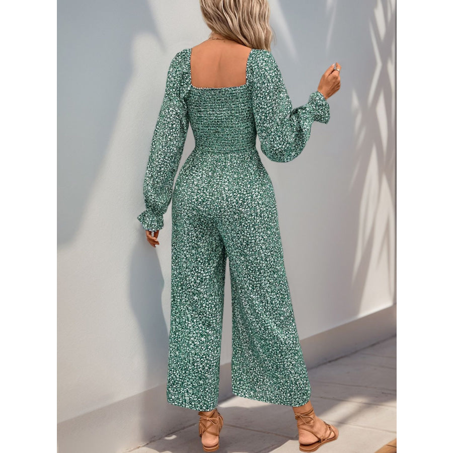 Perfee Smocked Printed Long Sleeve Wide Leg Jumpsuit Apparel and Accessories