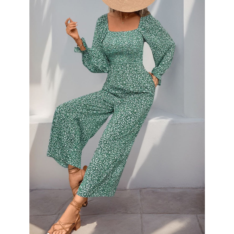 Perfee Smocked Printed Long Sleeve Wide Leg Jumpsuit Apparel and Accessories