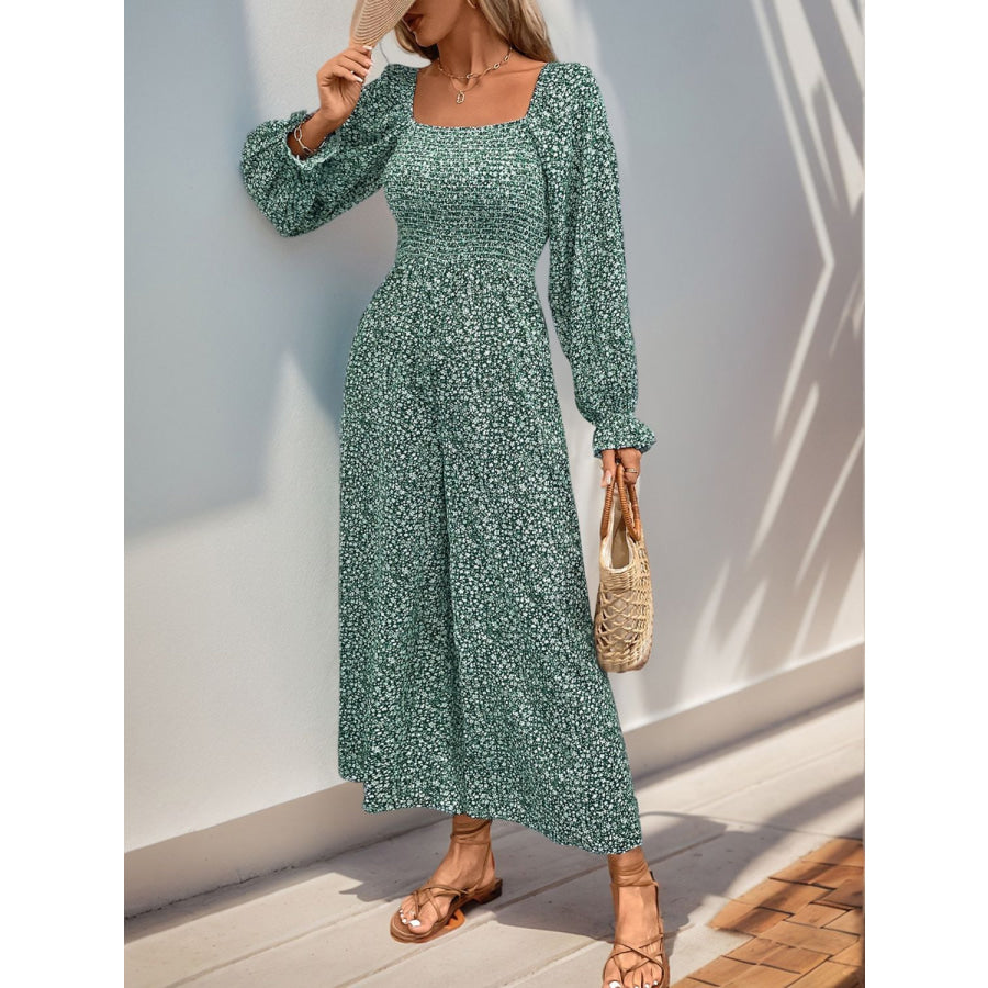 Perfee Smocked Printed Long Sleeve Wide Leg Jumpsuit Turquoise / S Apparel and Accessories