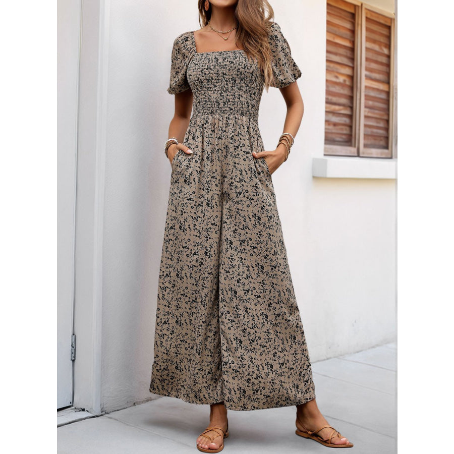 Perfee Smocked Printed Square Neck Puff Sleeve Jumpsuit Apparel and Accessories