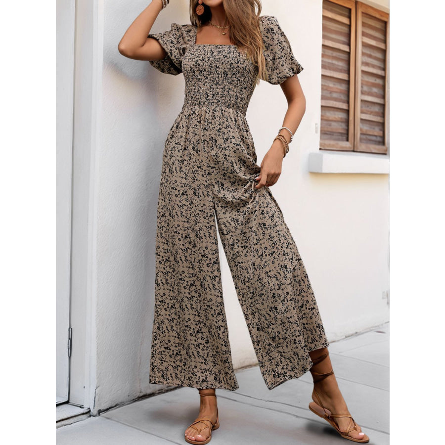 Perfee Smocked Printed Square Neck Puff Sleeve Jumpsuit Apparel and Accessories