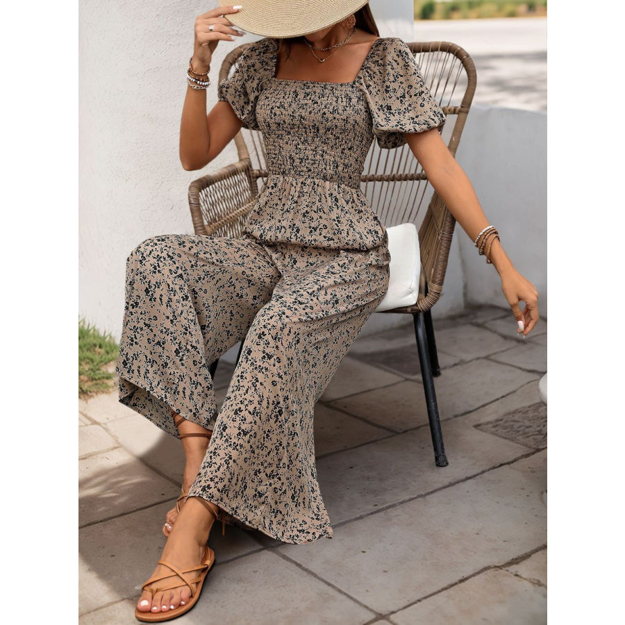 Perfee Smocked Printed Square Neck Puff Sleeve Jumpsuit Apparel and Accessories