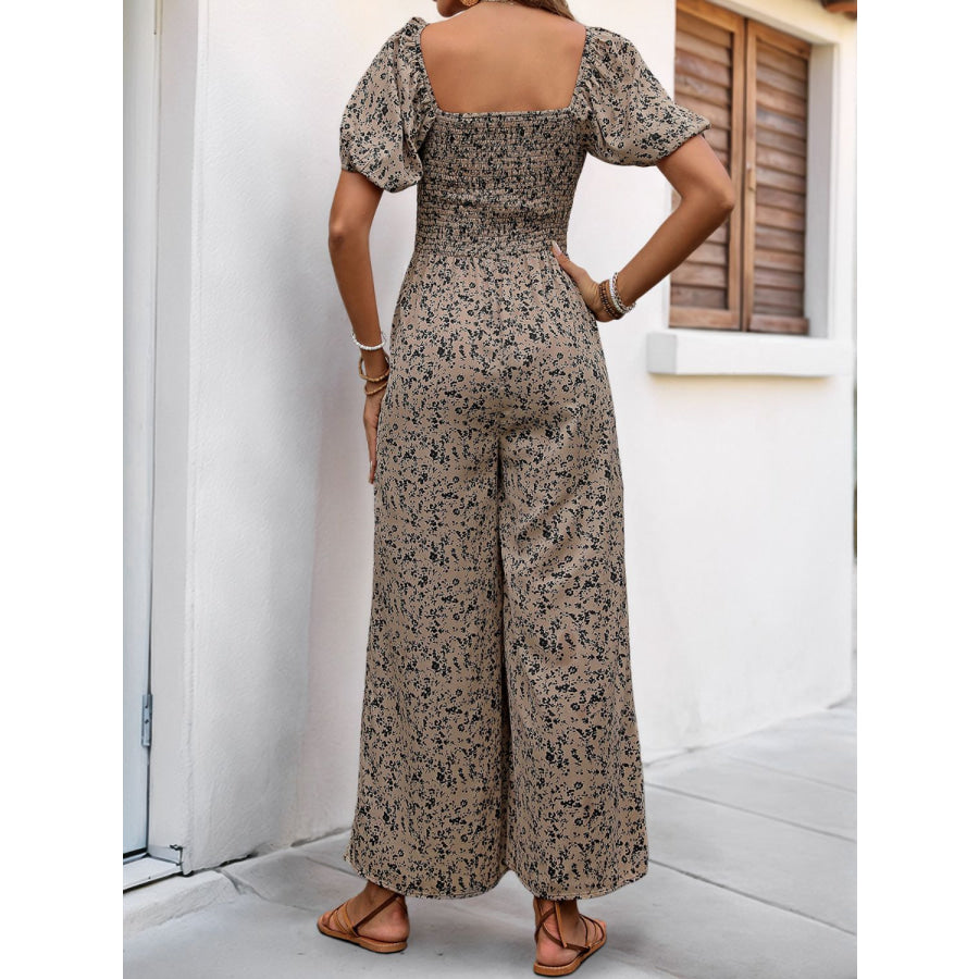 Perfee Smocked Printed Square Neck Puff Sleeve Jumpsuit Apparel and Accessories