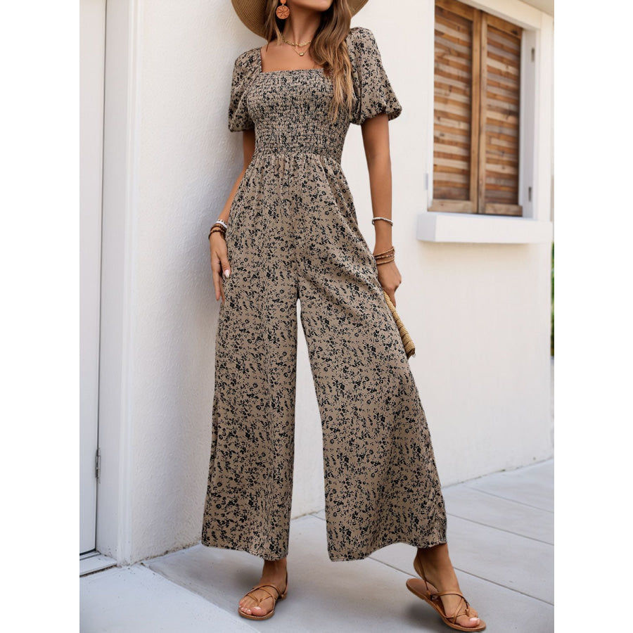 Perfee Smocked Printed Square Neck Puff Sleeve Jumpsuit Taupe / S Apparel and Accessories