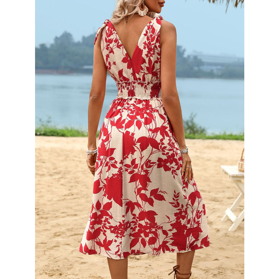 Perfee Smocked Printed Surplice Midi Dress Deep Red / S Apparel and Accessories