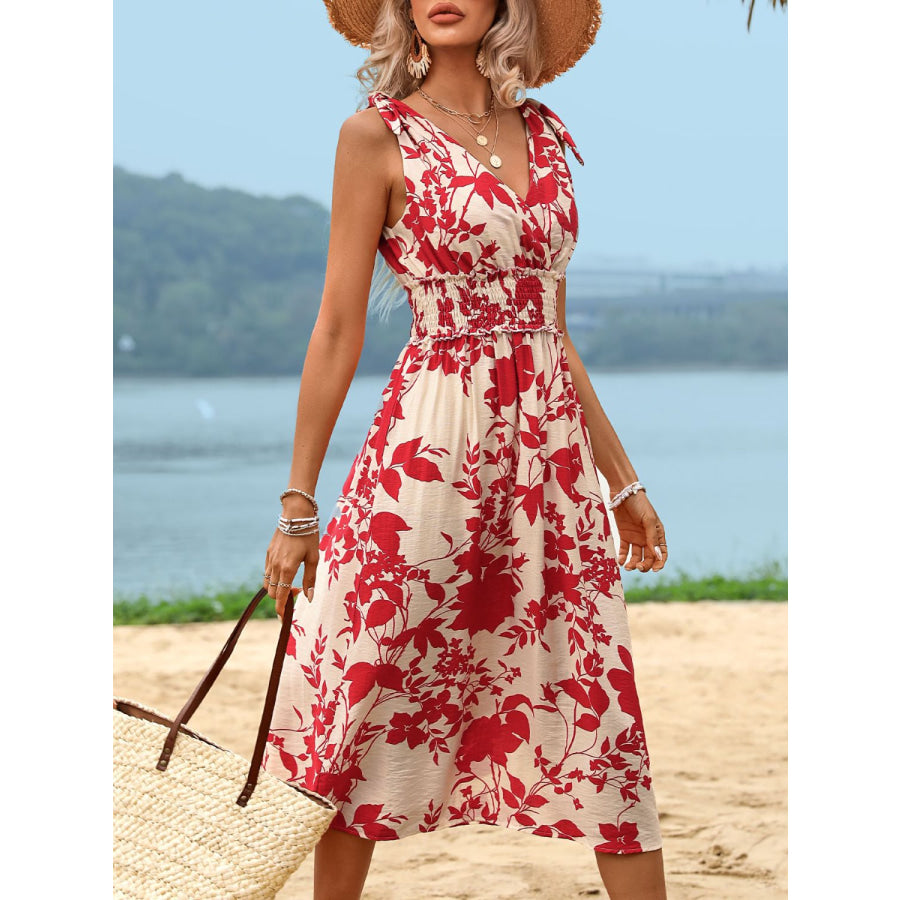 Perfee Smocked Printed Surplice Midi Dress Apparel and Accessories
