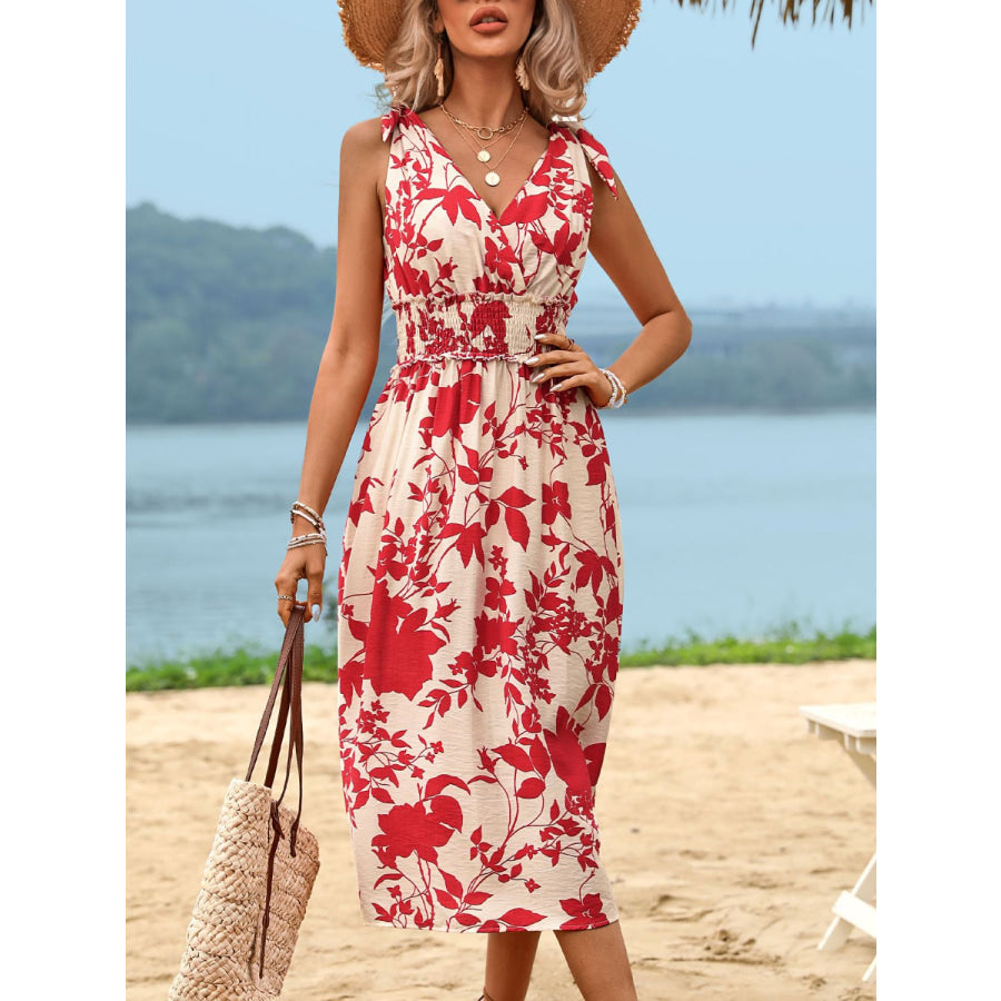 Perfee Smocked Printed Surplice Midi Dress Apparel and Accessories
