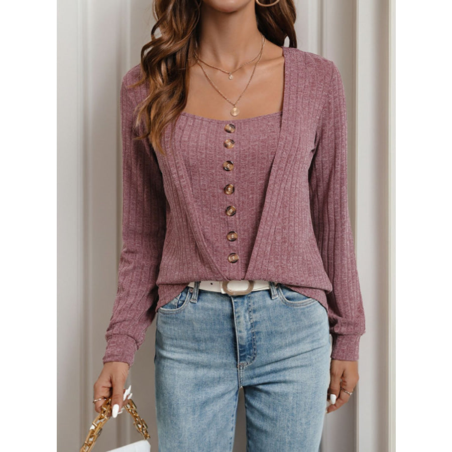 Perfee Square Neck Long Sleeve T-Shirt Dusty Pink / S Apparel and Accessories