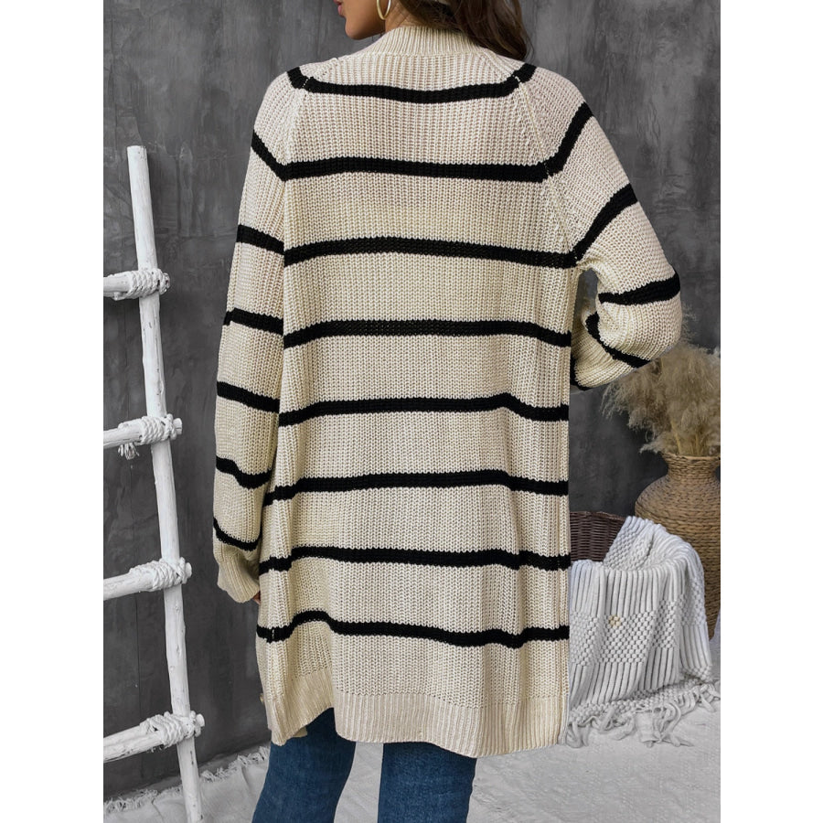 Perfee Striped Button Up Long Sleeve Cardigan Beige / S Apparel and Accessories