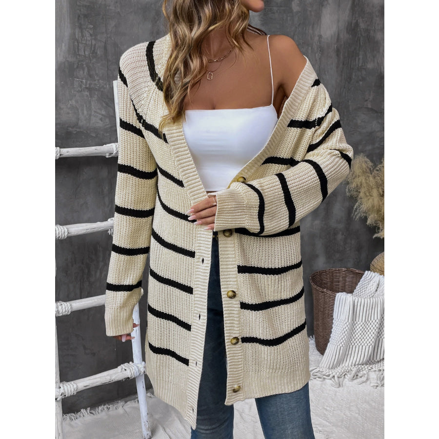 Perfee Striped Button Up Long Sleeve Cardigan Apparel and Accessories