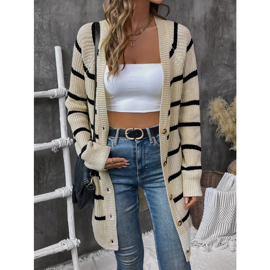 Perfee Striped Button Up Long Sleeve Cardigan Beige / S Apparel and Accessories