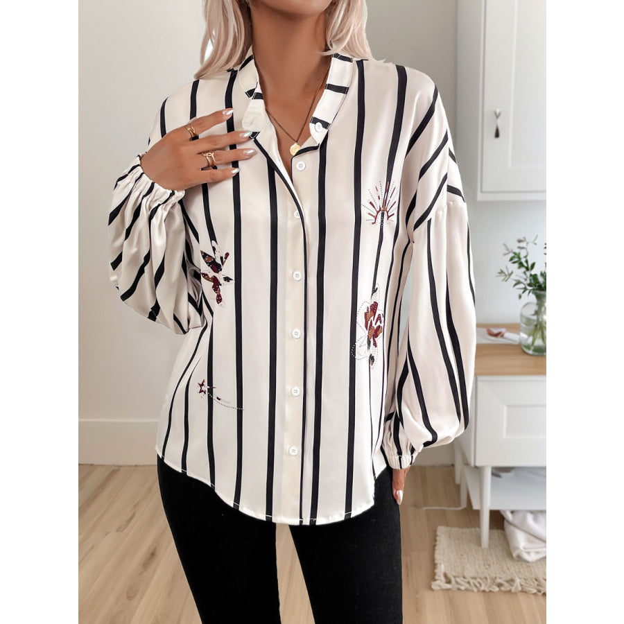 Perfee Striped Collared Neck Long Sleeve Shirt Apparel and Accessories