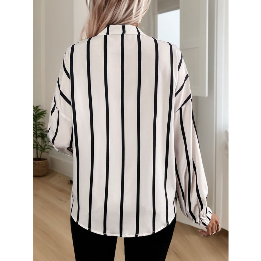 Perfee Striped Collared Neck Long Sleeve Shirt Apparel and Accessories