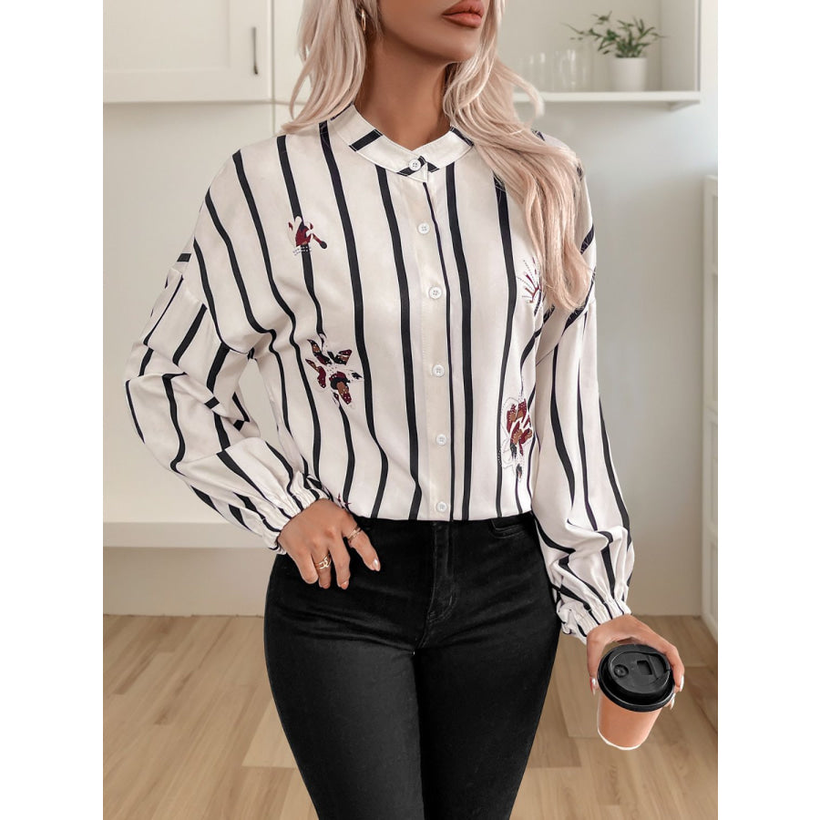 Perfee Striped Collared Neck Long Sleeve Shirt Apparel and Accessories