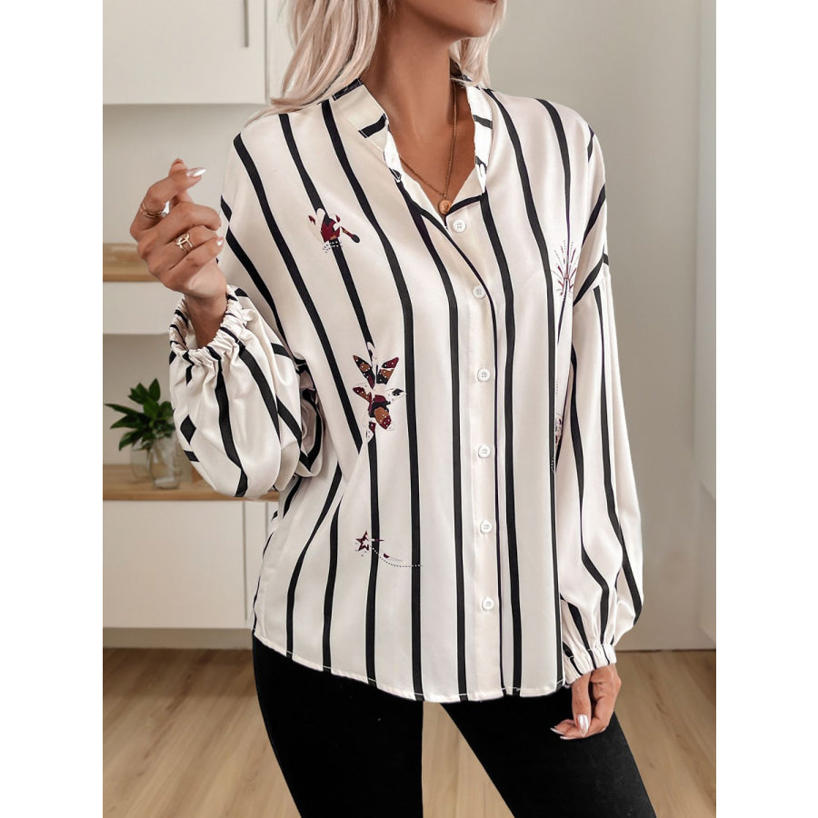 Perfee Striped Collared Neck Long Sleeve Shirt Beige / S Apparel and Accessories