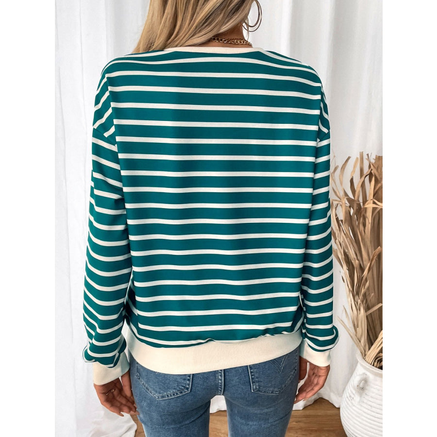 Perfee Striped Contrast Round Neck Long Sleeve Sweatshirt Apparel and Accessories