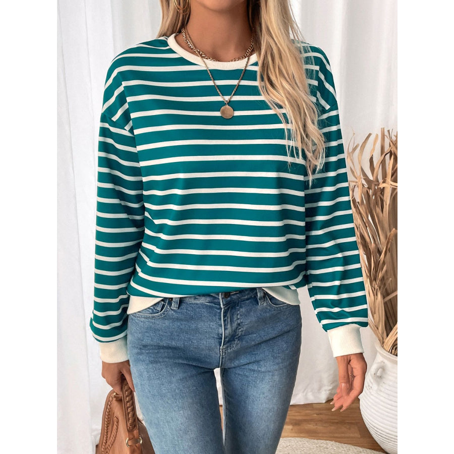 Perfee Striped Contrast Round Neck Long Sleeve Sweatshirt Apparel and Accessories