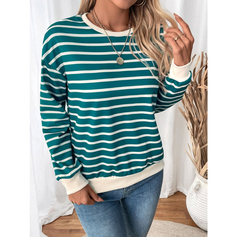 Perfee Striped Contrast Round Neck Long Sleeve Sweatshirt Apparel and Accessories