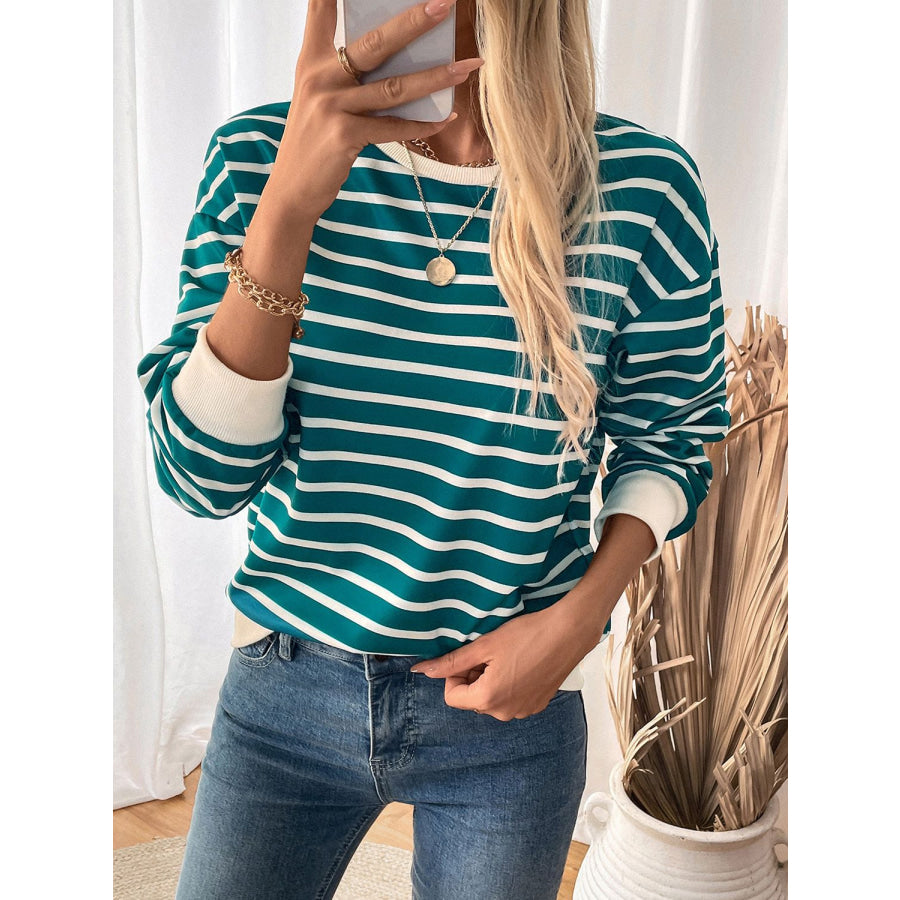 Perfee Striped Contrast Round Neck Long Sleeve Sweatshirt Apparel and Accessories