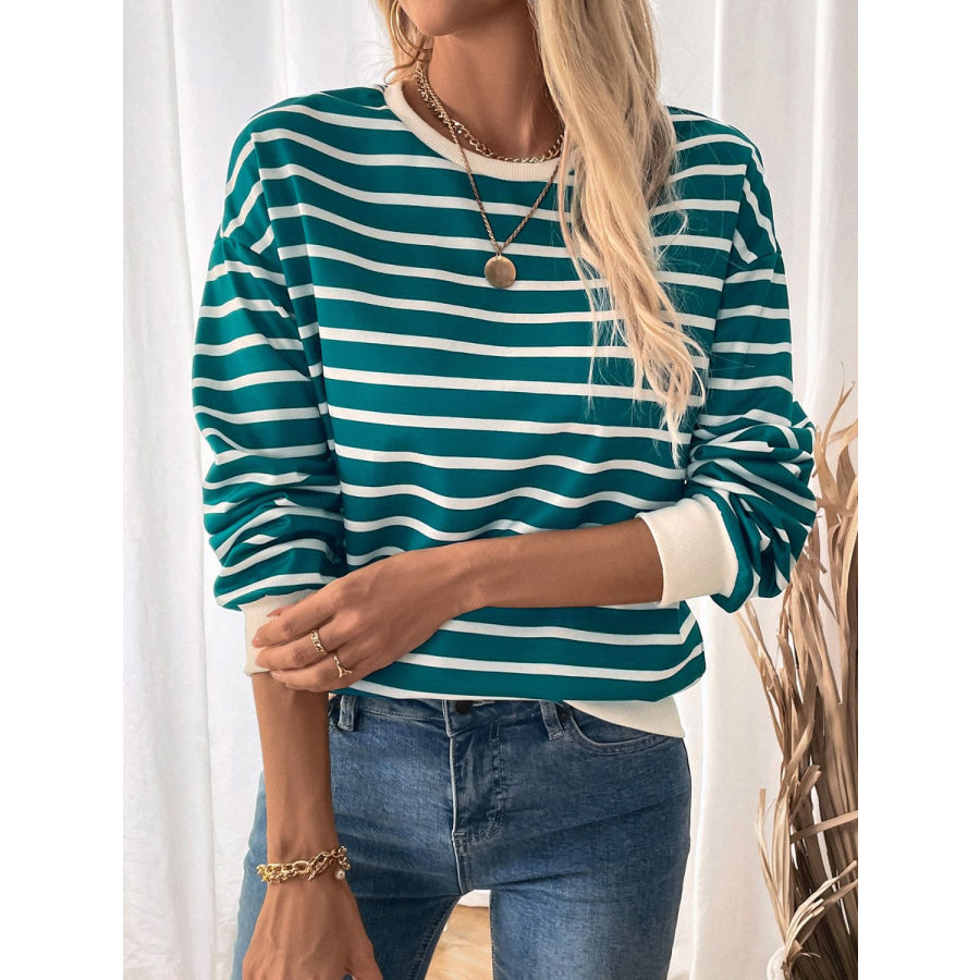 Perfee Striped Contrast Round Neck Long Sleeve Sweatshirt Apparel and Accessories