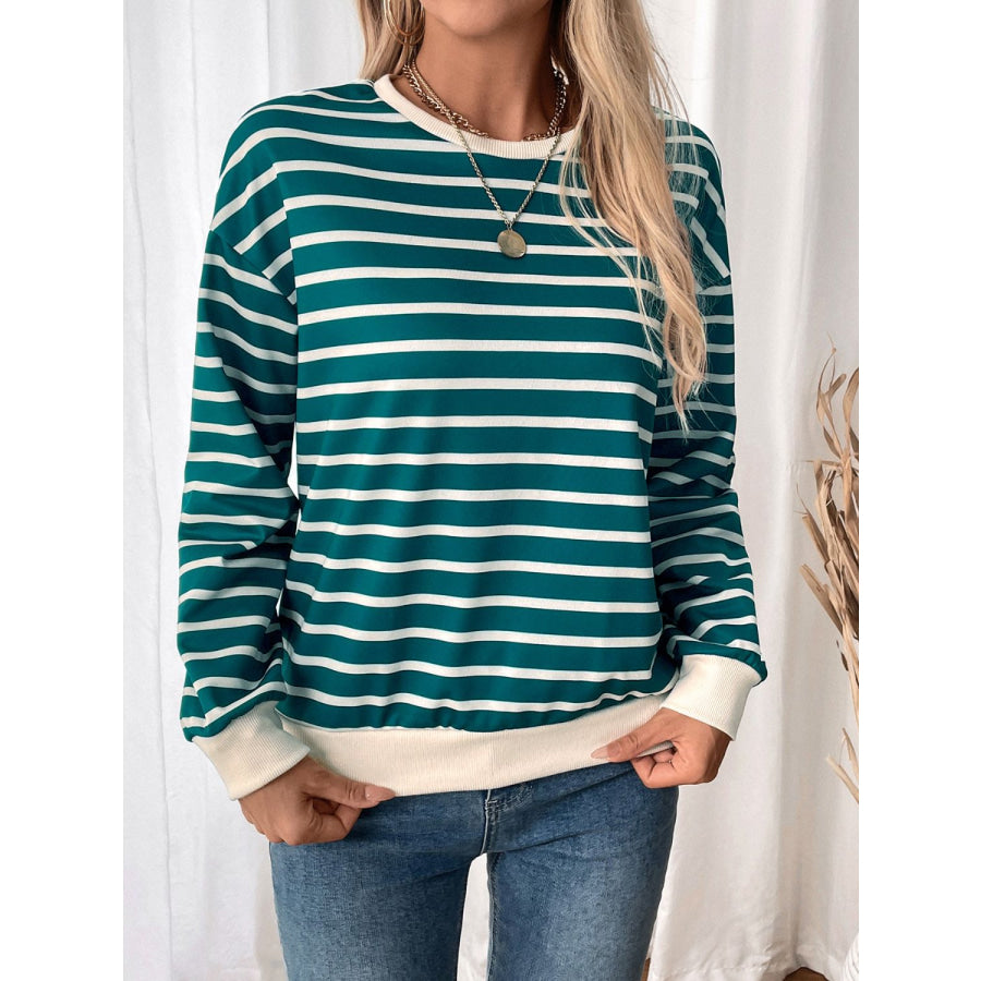 Perfee Striped Contrast Round Neck Long Sleeve Sweatshirt Turquoise / S Apparel and Accessories